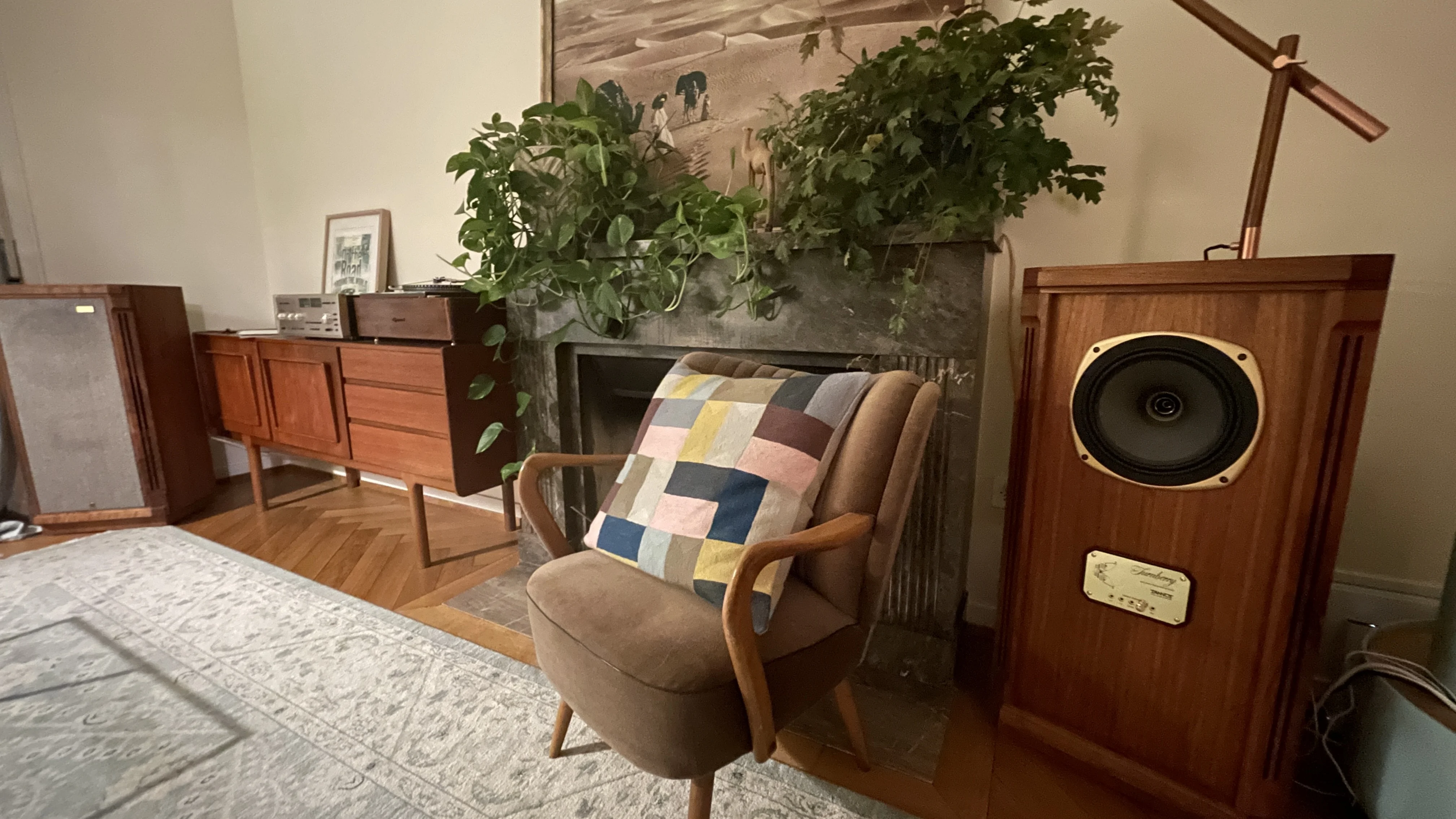 A listening room. Tannoy Turnberry, mid-century sideboard, armchair. Geneva.