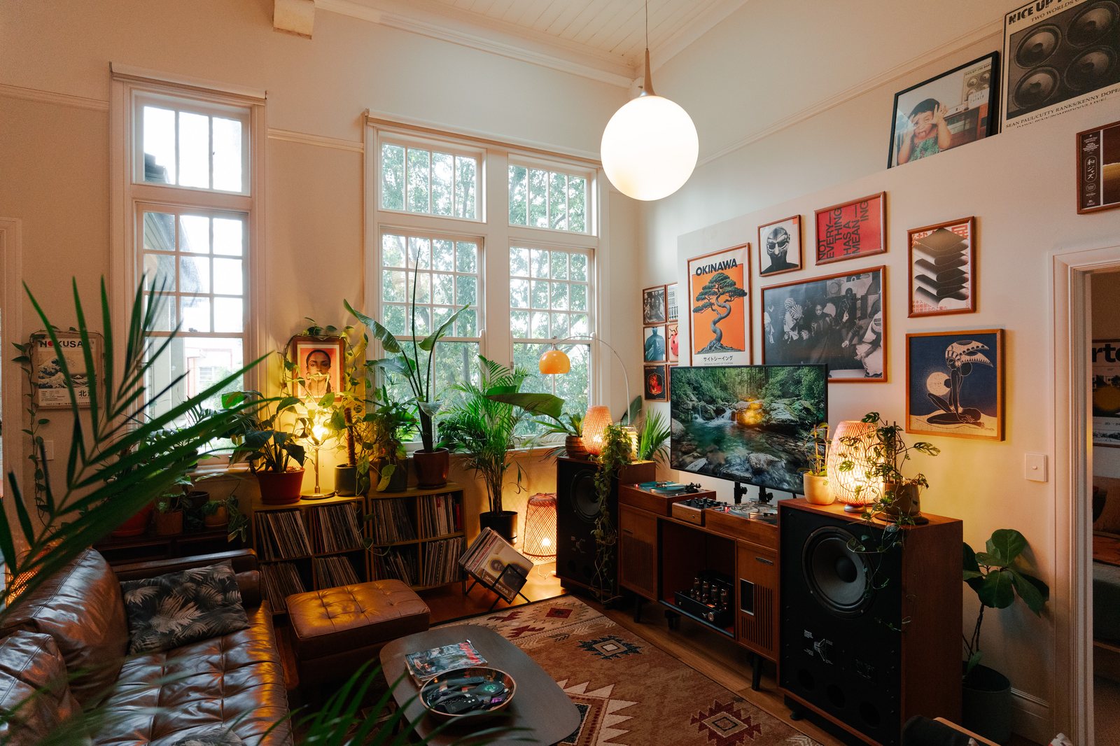 Autre vue en plongée sur le salon, plantes et platines